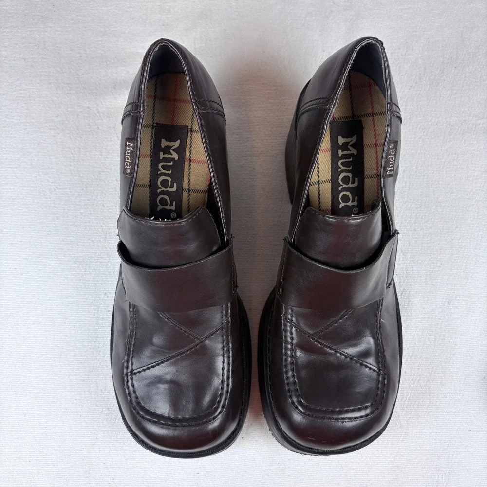 Vtg 90s Y2K Mudd Dark Brown Chunky Platform Block Heel Loafers Shoe Women 8.5 M
